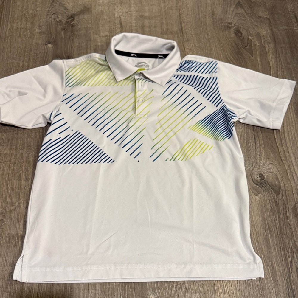 Slazenger White Polo Golf Shirt with Blue and Yellow Geometric Design